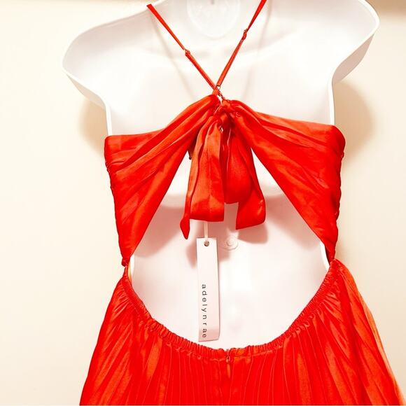 Adelyn Rae Pleated Skirt Ruched Bodice Satin Midi Dress Orange Small NWT - Picture 4 of 6